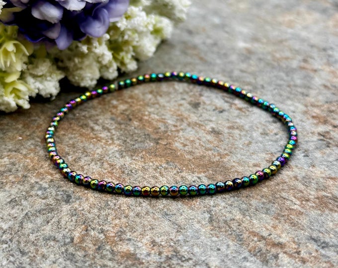2mm Rainbow Hematite Crystal Bead Bracelet, 7.5", Iridescent Gemstone Jewelry