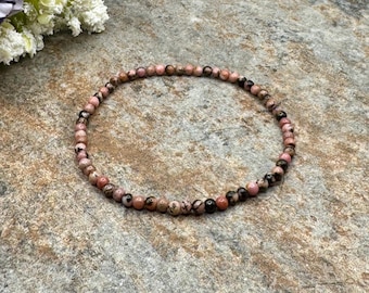 3mm Rhodonite Crystal Bead Bracelet - 7.5" Unisex Stretch Jewelry with Pink & Black Beads