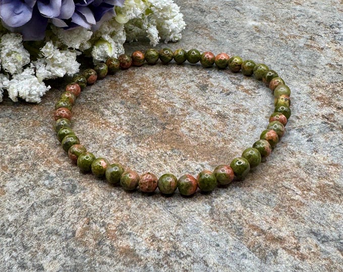 4mm Unakite Crystal Bead Bracelet – Green and Pink Gemstone