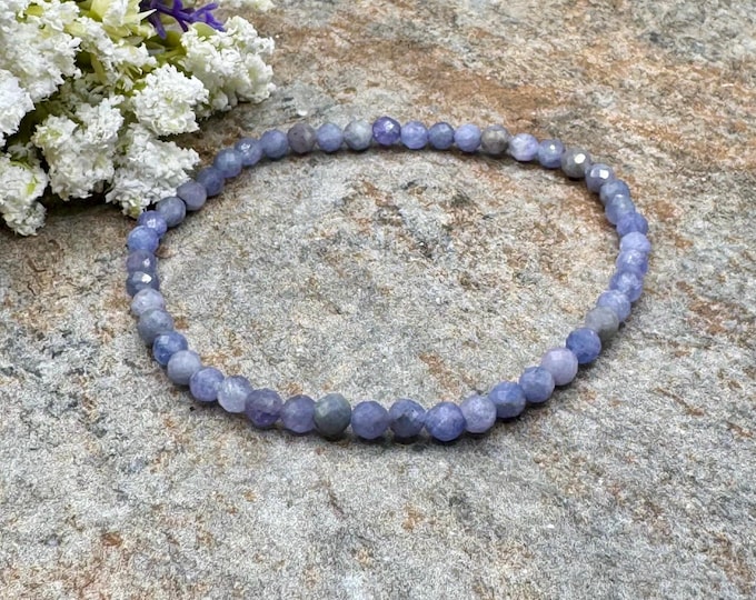 4mm Tanzanite Crystal Bead Stretch Bracelet, 7.5", Rare Blue-Violet Gemstones