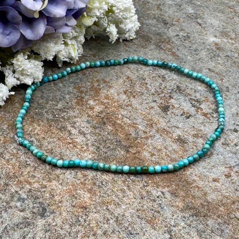 2mm Turquoise Crystal Bead Stretch Bracelet, 7.5", Genuine Blue Gemstone image 2