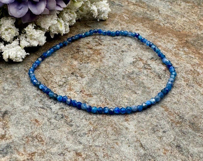 Sizable 2mm Blue Kyanite Bracelet | Unisex Stretch Crystal Jewelry | 7.5” Faceted Blue Gemstones