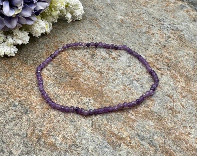 2mm Lepidolite Crystal Bead Bracelet, 7.5”,  Faceted Purple Gemstone Jewelry