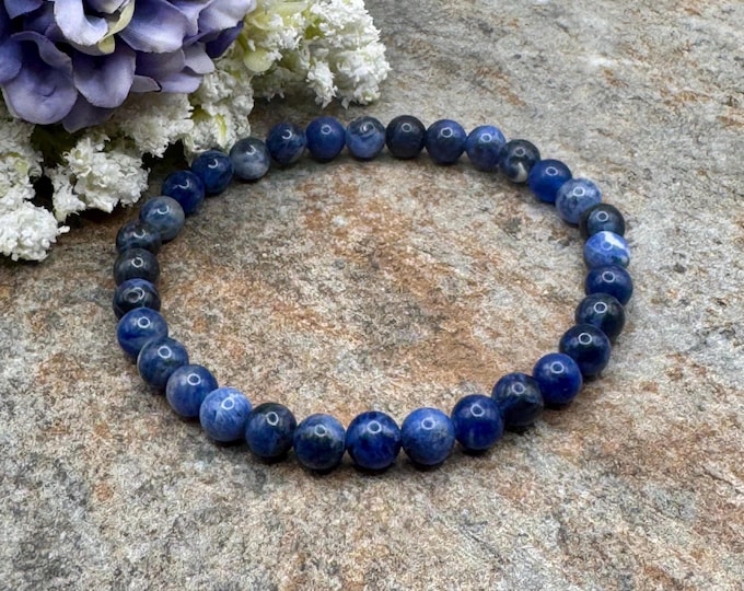 Sodalite Crystal Bead Stretch Bracelet - Unisex Jewelry, 7.5 inches, 6mm Blue & White Gemstones