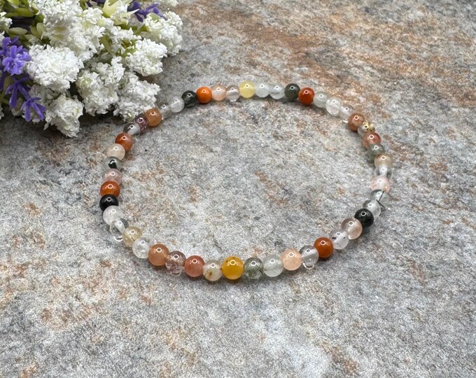 4mm Mixed Rutilated Quartz Crystal Bead Stretch Bracelet, 7.5”