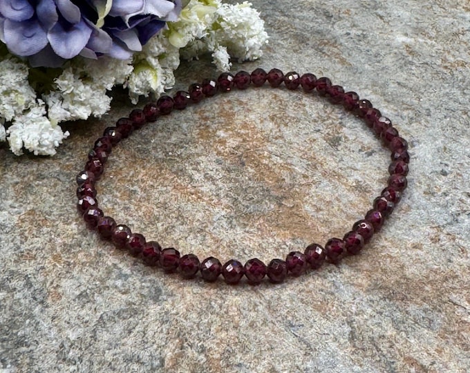 4mm Garnet Crystal Bead Stretch Bracelet, 7.5”, Wine Red Faceted Gemstone Jewelry