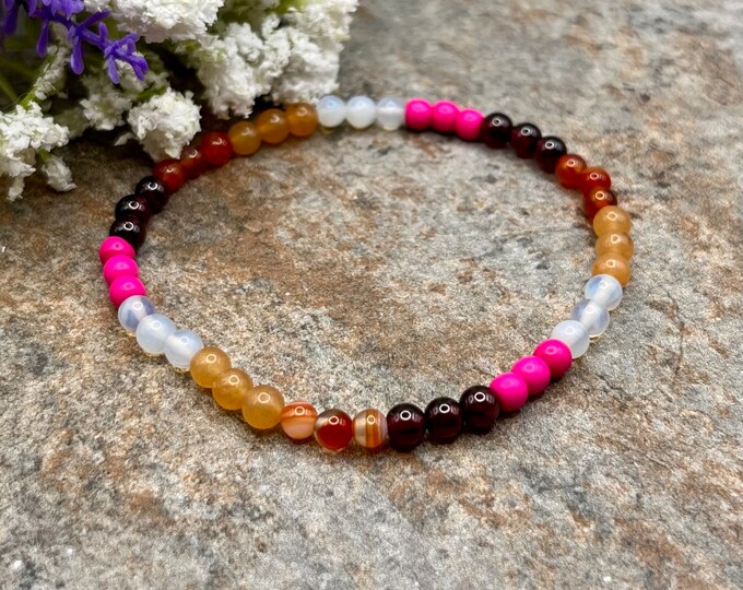 4mm Lesbian Pride Crystal Bead Stretch Bracelet - Handmade LGBTQ Ally Jewelry, Unisex, Sizable, 7.5"