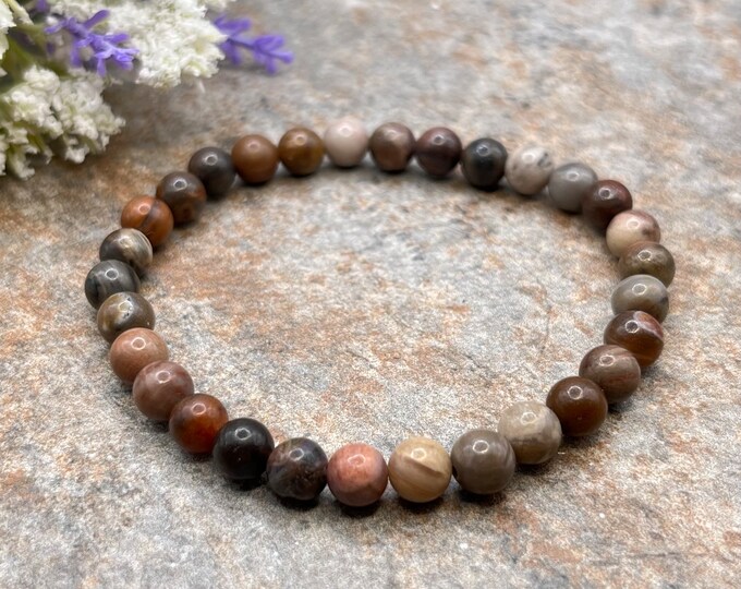 6mm Petrified Wood Crystal Bead Bracelet - Earthy and Natural, Handmade Stretch Bracelet, 7.5 Inches