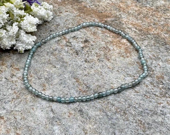 2mm Apatite Crystal Bead Stretch Bracelet 7.5”, Natural Aqua Blue Gemstones