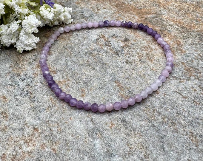 Purple Ombre Lepidolite Bracelet - 3mm Faceted Crystal Beads - 7.5" Unisex Stretch Jewelry