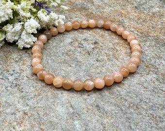 5mm Peach Moonstone Bracelet - Dainty Crystal Gemstone Stretch Bracelet  (7.5")