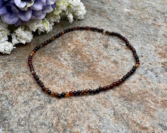 Coffee Agate Crystal Bead Bracelet, 2mm Earthy Brown Gemstones, 7.5” Stretch Style