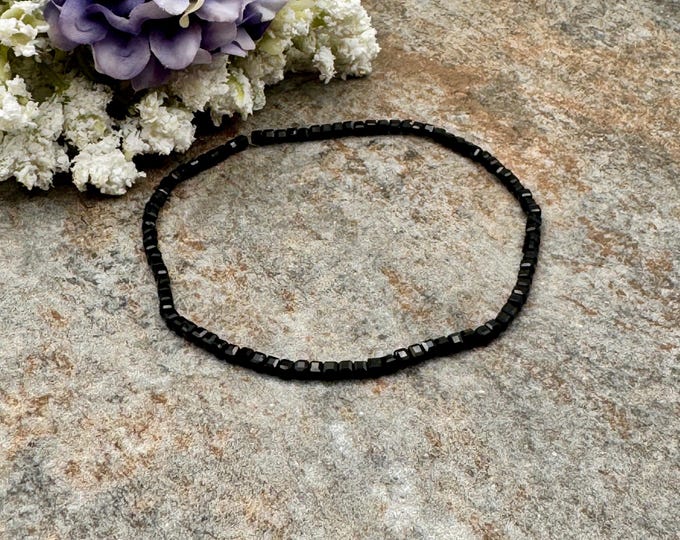 2mm Black Tourmaline Crystal Bead Stretch Bracelet, 7.5”, Faceted Cube Cut Gemstones