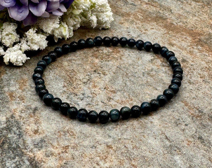 4mm Blue Tiger’s Eye Crystal Bead Stretch Bracelet, 7.5”, Sizable Unisex Jewelry