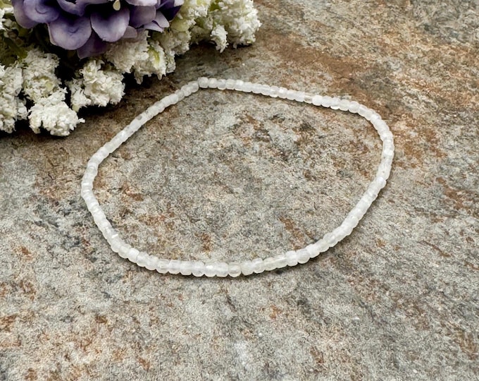 2mm Moonstone Crystal Bead Stretch Bracelet, 7.5", Faceted Cube Cut Gemstones