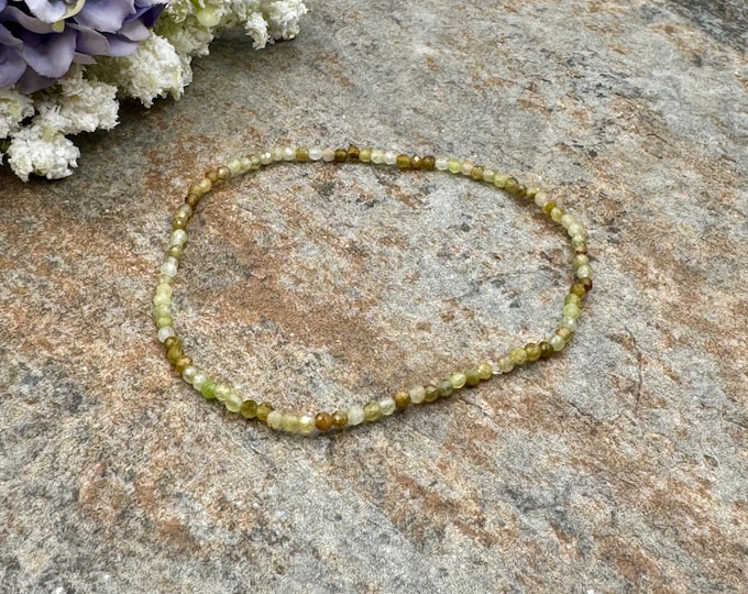 2mm Green Garnet Crystal Bead Stretch Bracelet, 7.5”, Faceted Jewelry for Men and Women