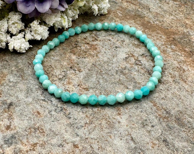 Blue-Green 4mm Amazonite Faceted Crystal Bead Bracelet, 7.5” -  Stretchy Jewelry for Men & Women