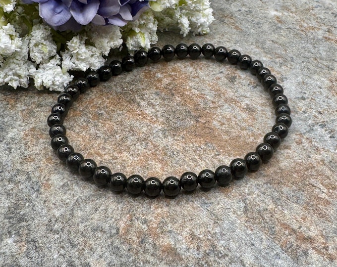 4mm Jet Crystal Bead Stretch Bracelet, 7.5", Black Gemstone Jewelry