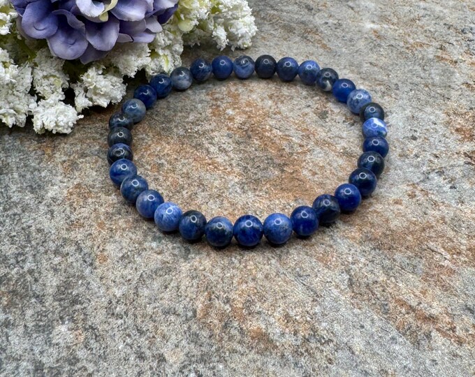 6mm Sodalite Crystal Bead Stretch Bracelet, Sizable Unisex Jewelry 7.5", Blue and White Gemstones