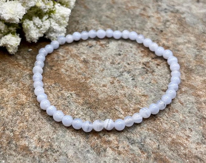 Blue Lace Agate Crystal Bead Bracelet, Calming 4mm Gemstones, (7.5")