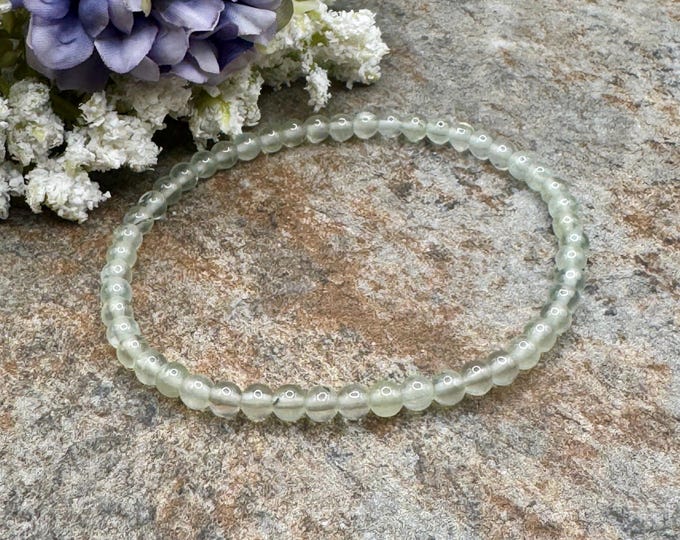 4mm Prehnite Crystal Bead Stretch Bracelet 7.5”, Soft Green Gemstones