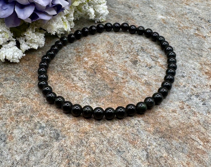 4mm Rainbow Obsidian Bead Bracelet - Handmade Stretch Gemstone Jewelry, 7.5”