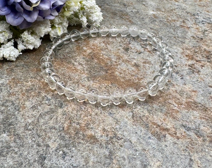 6mm Clear Quartz Crystal Bead Bracelet - Handmade Unisex Jewelry, 7.5" Stretch & Sizeable