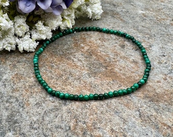 2mm Malachite Crystal Bead Stretch Bracelet, 7.5", Green Unisex Jewelry