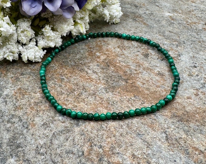 2mm Malachite Crystal Bead Stretch Bracelet, 7.5", Green Unisex Jewelry
