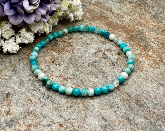 4mm Hemimorphite Crystal Bead Stretch Bracelet, 7.5", Calming Blue Gemstones