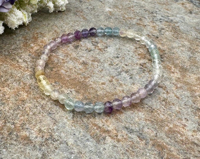 4mm Rainbow Fluorite Crystal Bead Bracelet -  7.5" Handmade Stretch Jewelry,