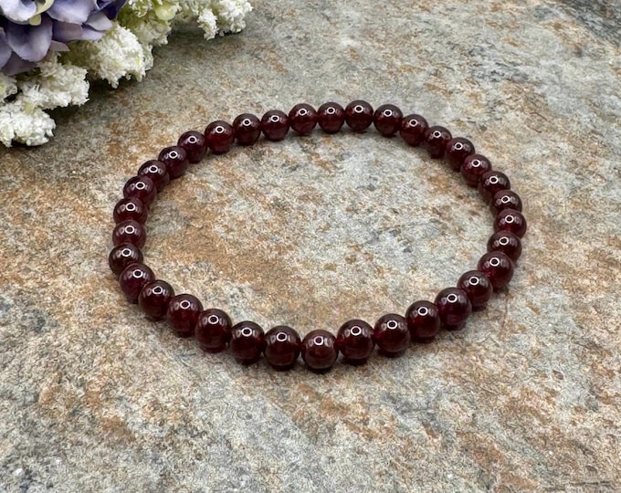 5mm Garnet Crystal Bead Stretch Bracelet - Wine Red Gemstone Jewelry, 7.5”