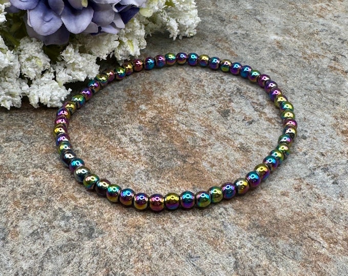 4mm Rainbow Hematite Crystal Bead Bracelet, 7.5"  - Handmade, Stretchable Unisex Bracelet