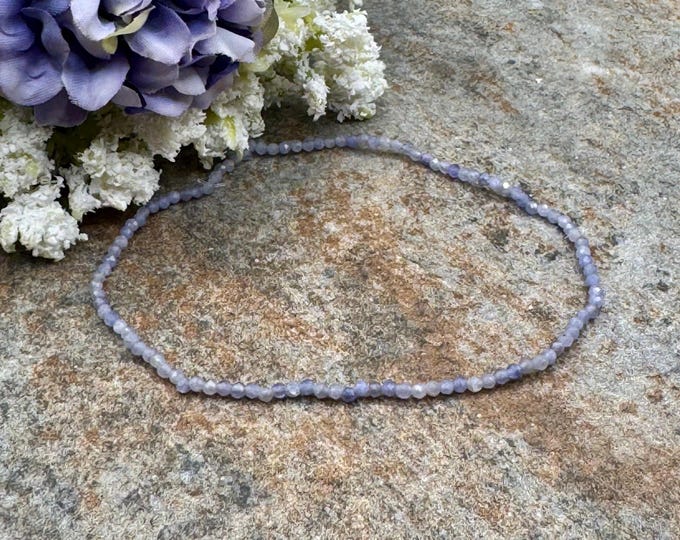 2mm Tanzanite Crystal Bead Stretch Bracelet, 7.5",  Rare Faceted Blue Gemstones