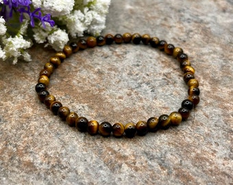 4mm Tiger's Eye Crystal Bead Stretch Bracelet, Unisex Gemstone Jewelry
