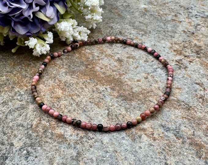 2mm Rhodonite Crystal Bead Stretch Bracelet, 7.5”, Pink & Black Gemstones