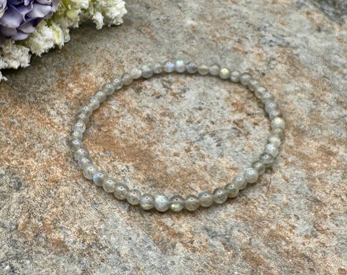 4mm Labradorite Crystal Bead Bracelet – Colorful Flashes, Stretchy 7.5 inch