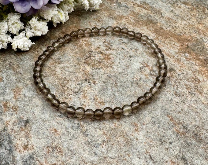4mm Smoky Quartz Crystal Bead Bracelet, 7.5", Unisex Stretch Jewelry