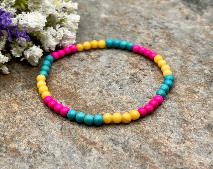 4mm Pansexual Pride Crystal Bead Stretch Bracelet - Handmade LGBTQ Ally Jewelry, Unisex, Sizable, 7.5"
