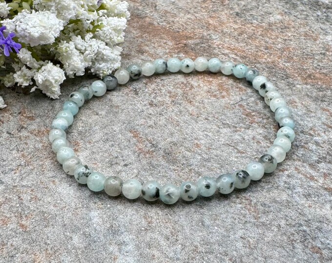 4mm Kiwi Jasper Crystal Bead Stretch Bracelet, 7.5”, Pastel Green Gemstone