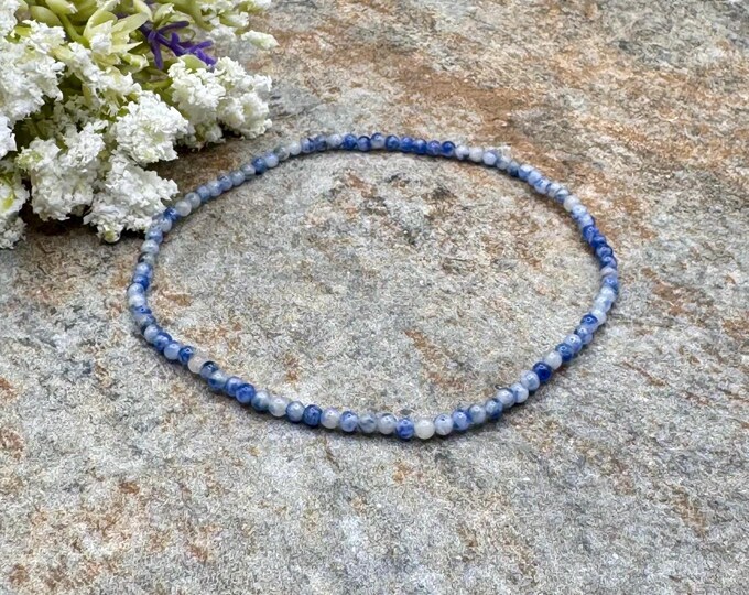 Sodalite Crystal Bead Bracelet, 2mm Blue Stretch Gemstone Jewelry, 7.5"