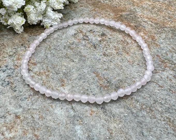 3mm Rose Quartz Crystal Bead Bracelet, Pink Gemstone Stretch Jewelry, 7.5"