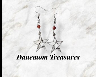 silver double star earrings with matte carnelian beads