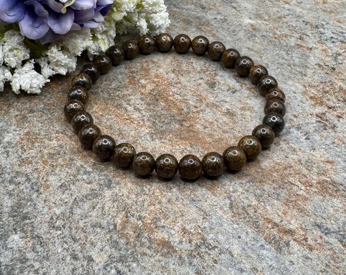 6mm Bronzite Crystal Bead Stretch Bracelet – Flecked Brown Gemstone Jewelry, 7.5”
