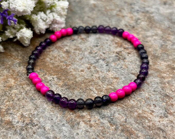 4mm Bisexual Pride Crystal Beaded Stretch Bracelet, 7.5", LGBTQ Ally Jewelry