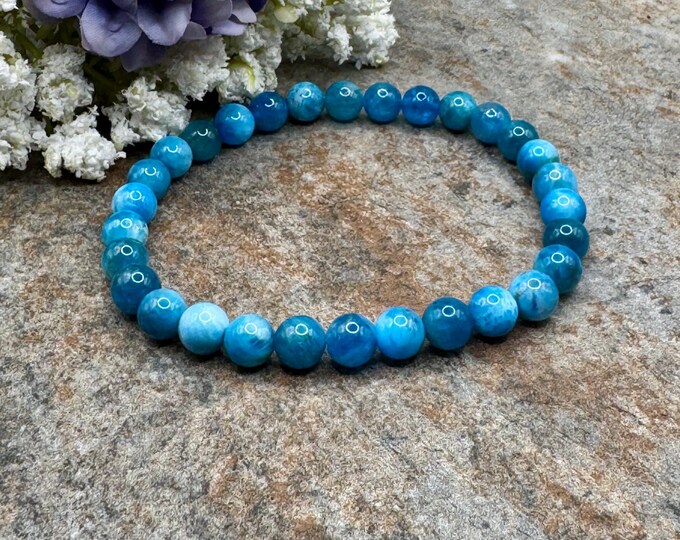 6mm Blue Apatite Crystal Bead Stretch Bracelet - Unisex Design - Sizeable 7.5" - Teal Gemstones
