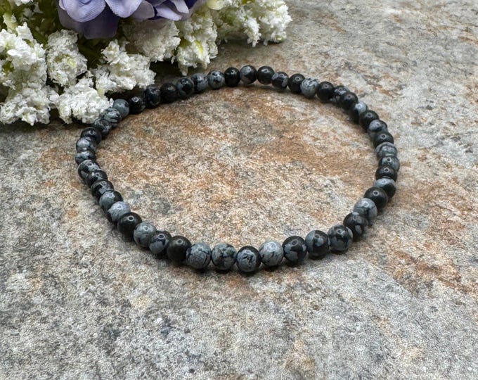4mm Snowflake Obsidian Crystal Bead Bracelet, Stretchy Gemstone Jewelry, (7.5”)