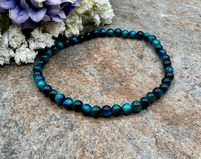 4mm Teal Blue Tiger's Eye Bracelet, 7.5”  Unisex Jewelry, Chatoyant Blue Green Gemstone
