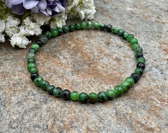 4mm Ruby Zoisite Crystal Bead Stretch Bracelet, Green Gemstone