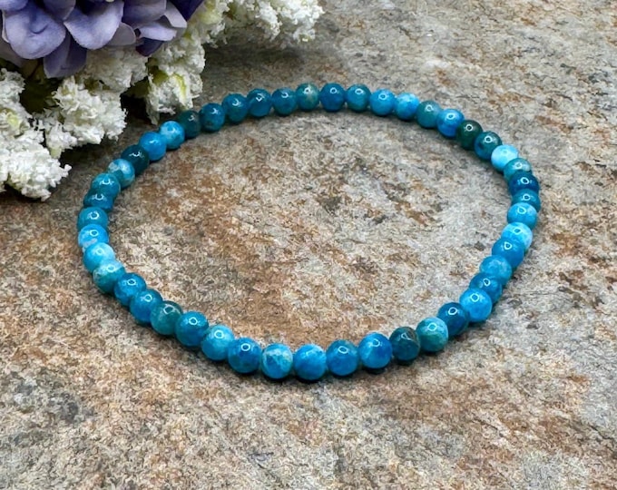 4mm Blue Apatite Crystal Bead Stretch Bracelet, 7.5 “, Sizable Gemstone Jewelry